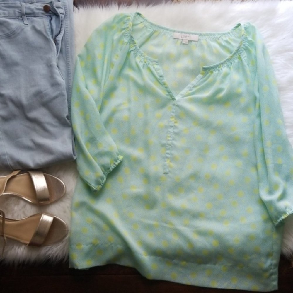 Loft Retro Mint & Yellow Semi Sheer Polka Dot 3/4 Sleeve Blouse Size Medium